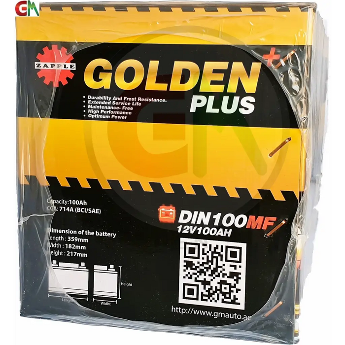 Zapple Golden Plus Car Battery - DIN100MF 12V100AH - Car