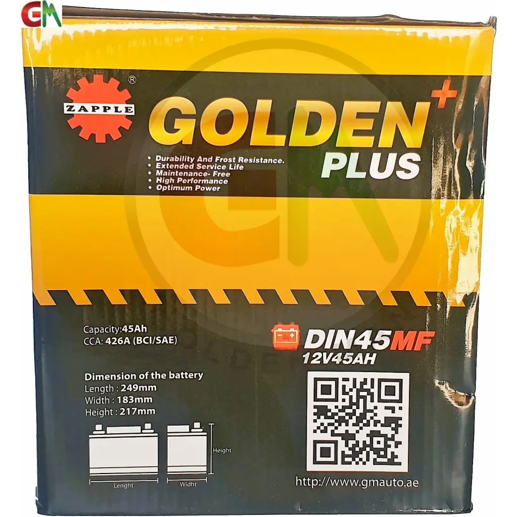 Zapple Golden Plus Car Battery - DIN45MF 12V45AH - Car