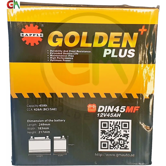 Zapple Golden Plus Car Battery - DIN45MF 12V45AH - Car