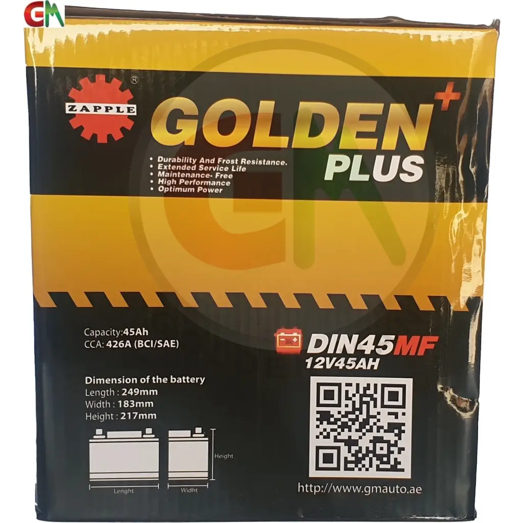 Zapple Golden Plus Car Battery - DIN45MF 12V45AH - Car