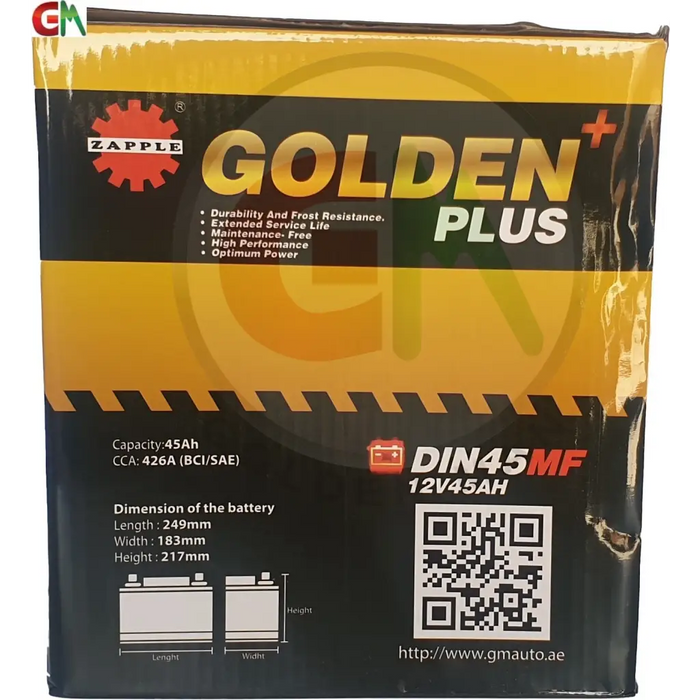 Zapple Golden Plus Car Battery - DIN45MF 12V45AH - Car