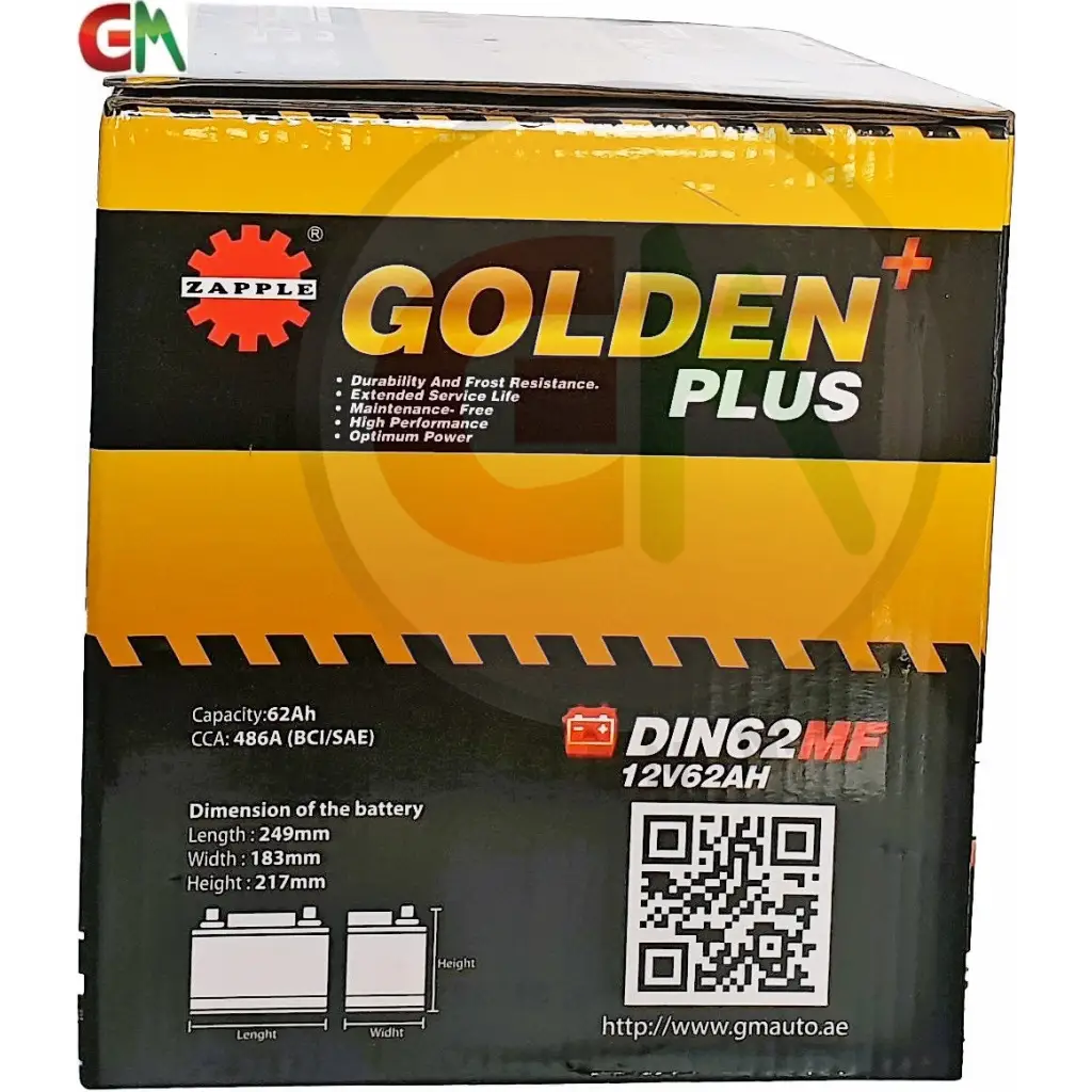 Zapple Golden Plus Car Battery - DIN62MF 12V62AH - Car
