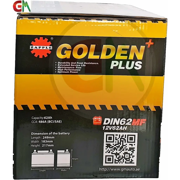 Zapple Golden Plus Car Battery - DIN62MF 12V62AH - Car