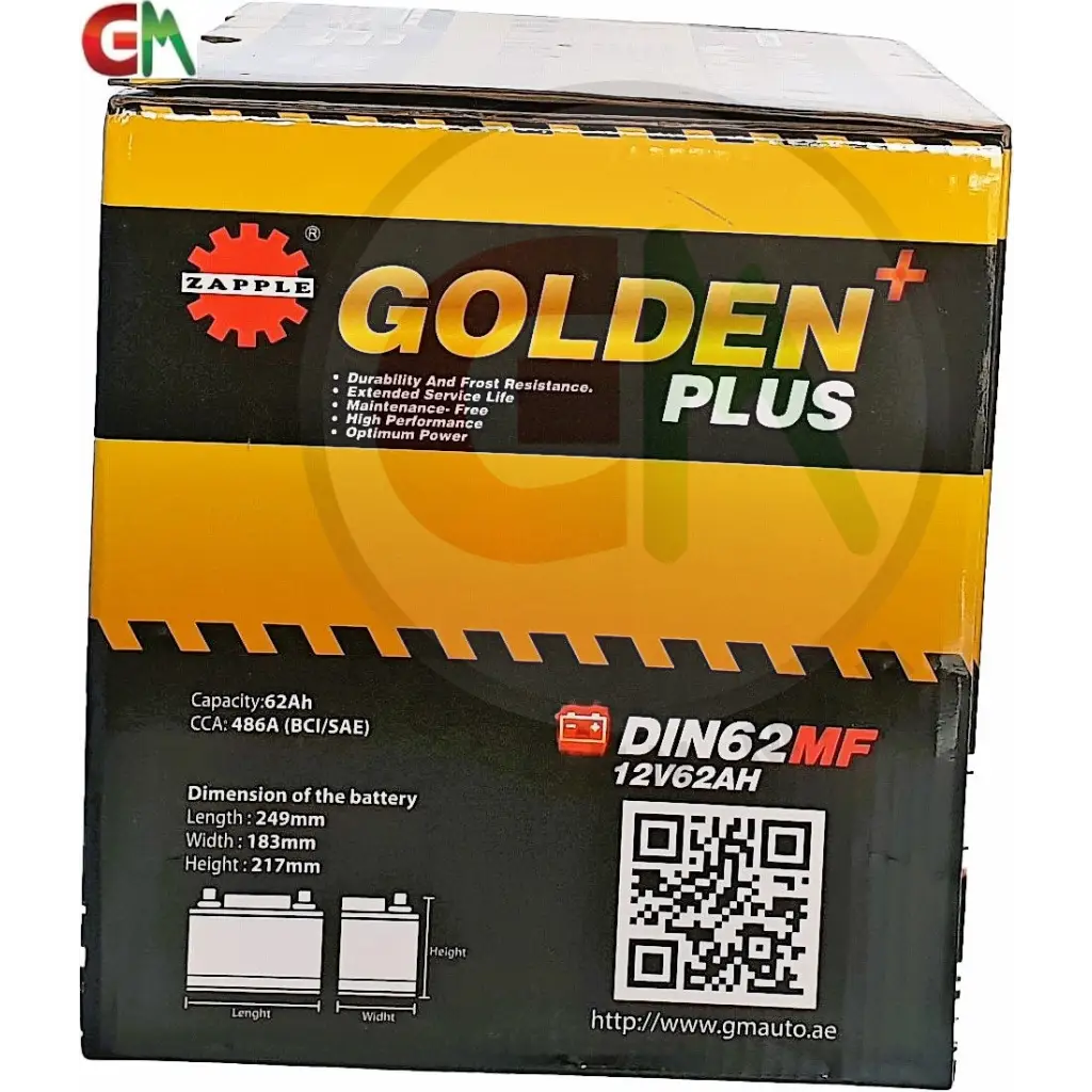Zapple Golden Plus Car Battery - DIN62MF 12V62AH - Car