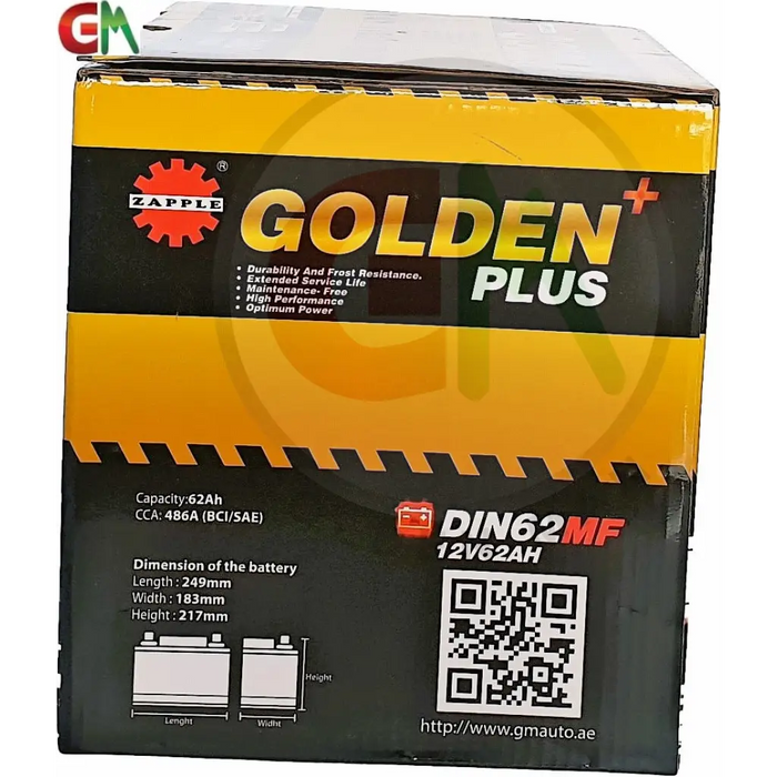 Zapple Golden Plus Car Battery - DIN62MF 12V62AH - Car