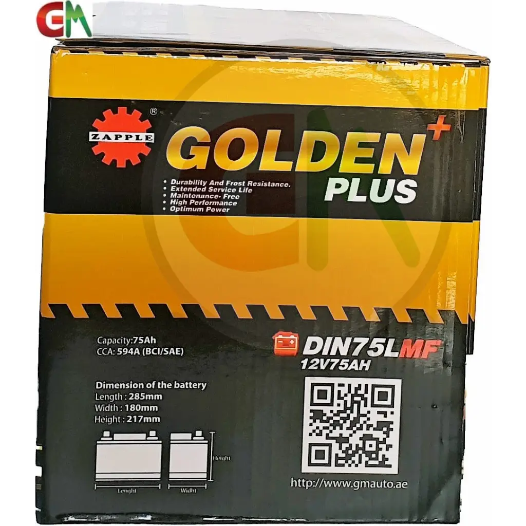 Zapple Golden Plus Car Battery - DIN75LMF 12V75AH - Car