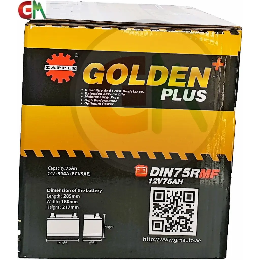 Zapple Golden Plus Car Battery - DIN75RMF 12V75AH - Car