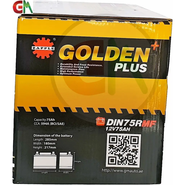 Zapple Golden Plus Car Battery - DIN75RMF 12V75AH - Car