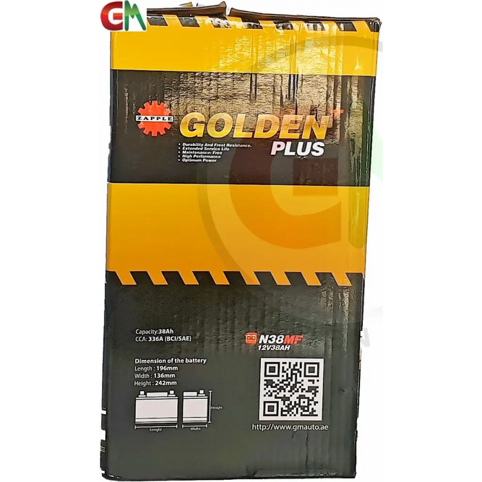 Zapple Golden Plus Car Battery - N38MF 12V38AH - Car Battery