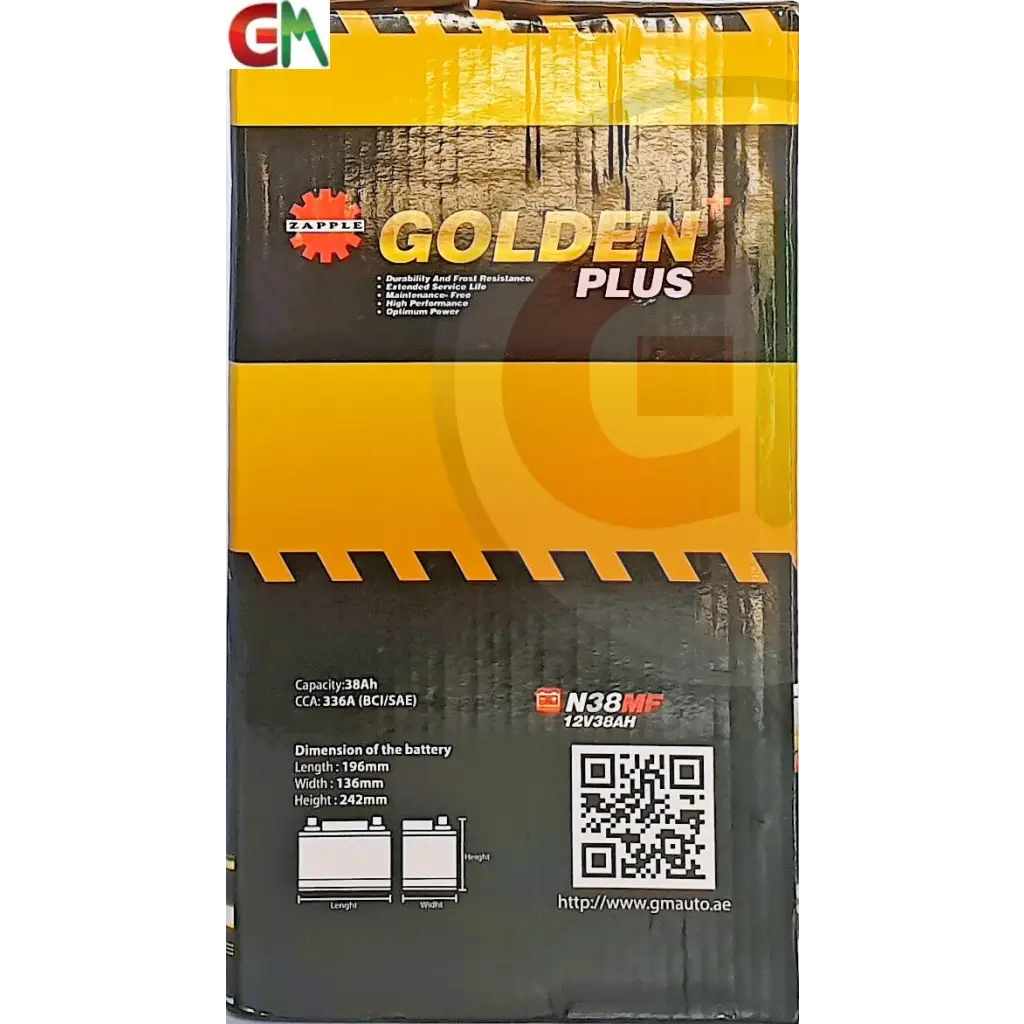Zapple Golden Plus Car Battery - N38MF 12V38AH - Car Battery