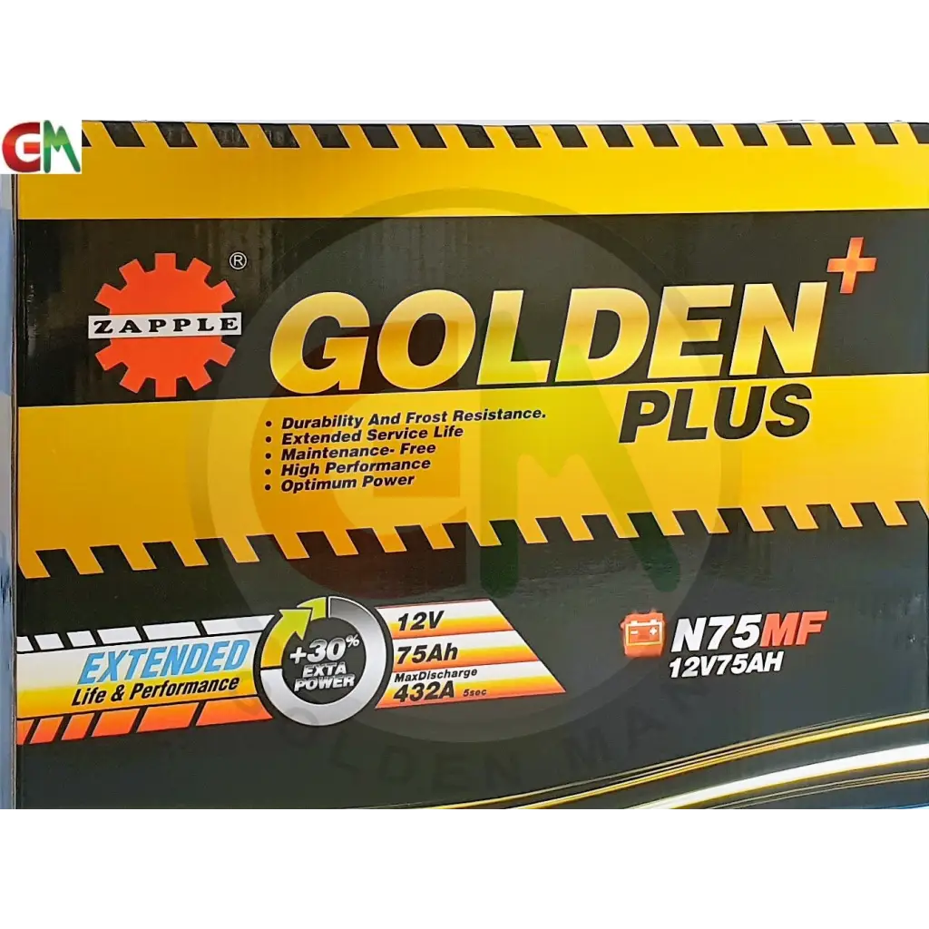 Zapple Golden Plus Car Battery - N75MF 12V75AH - Car Battery