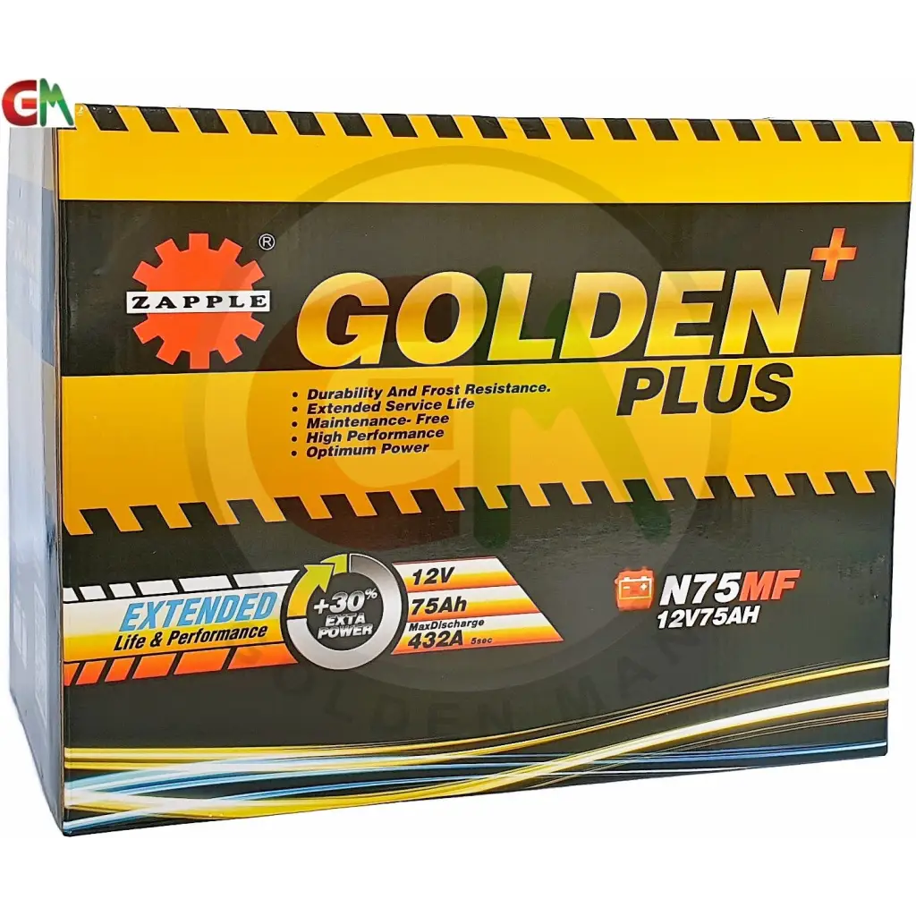 Zapple Golden Plus Car Battery - N75MF 12V75AH - Car Battery