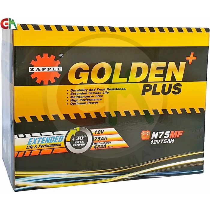 Zapple Golden Plus Car Battery - N75MF 12V75AH - Car Battery