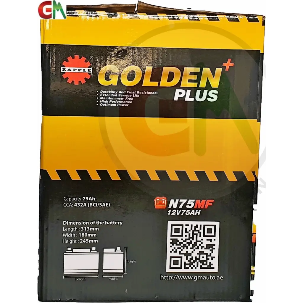 Zapple Golden Plus Car Battery - N75MF 12V75AH - Car Battery