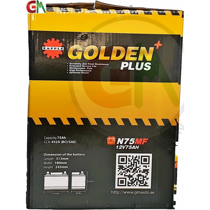 Zapple Golden Plus Car Battery - N75MF 12V75AH - Car Battery